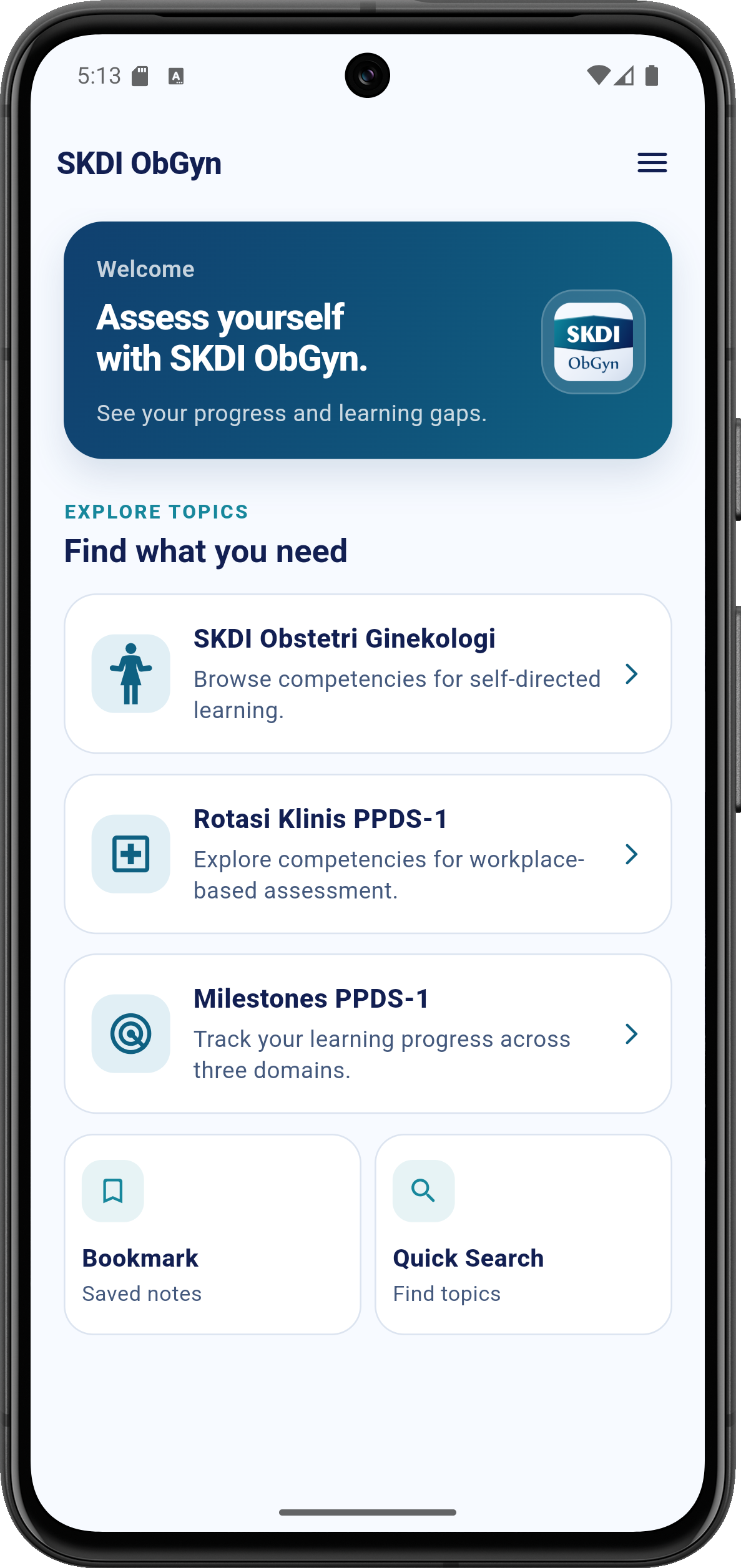 Current SKDI ObGyn Android home screen showing the competency catalog, clinical rotations, milestones, bookmarks, and quick search